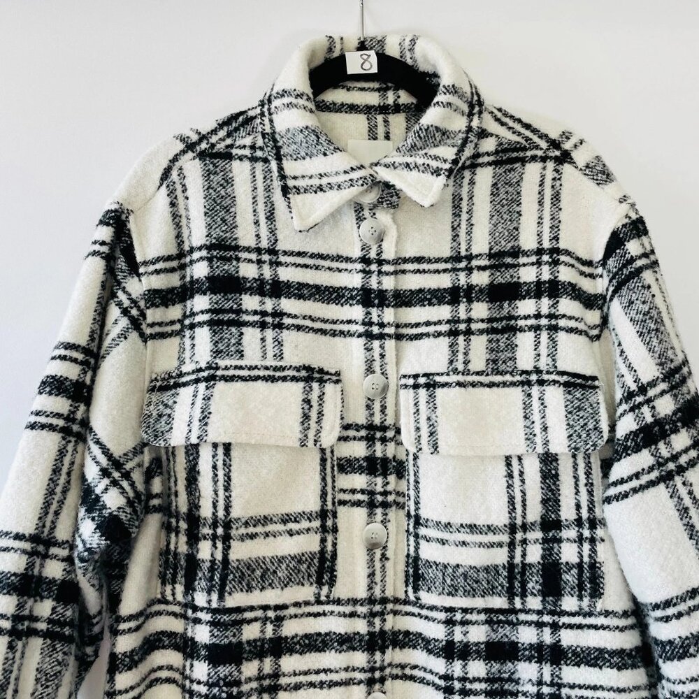 H&M Womens Black White Double Pocket Oversized Plaid Shacket Jacket Size M - Picture 2 of 9